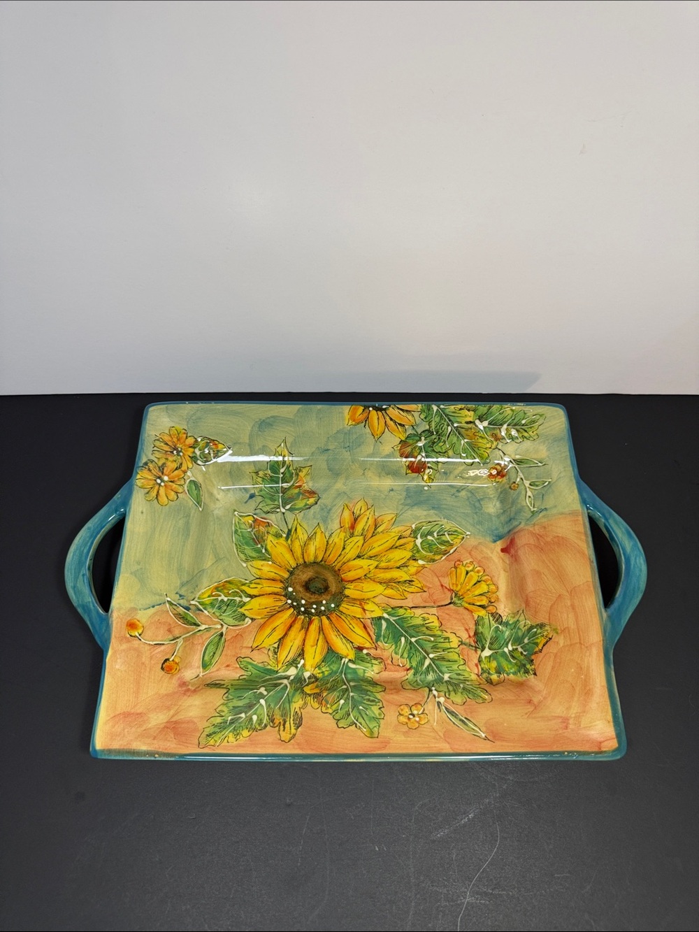 Hand-Painted Sunflower Ceramic Serving Tray with Turquoise Handles